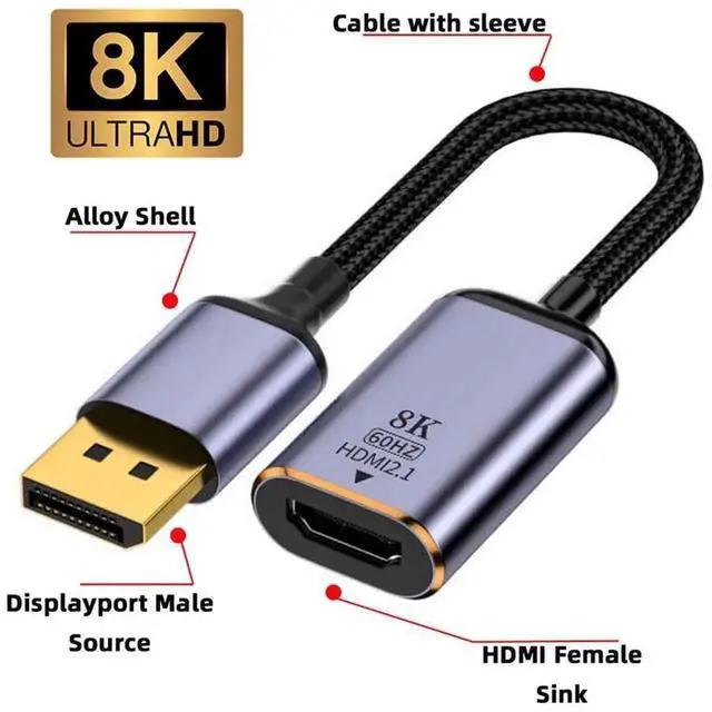 Alt view image 4 of 7 - JAENFONG DisplayPort 1.4 Source to HDMI 2.0 Display 8K 60hz UHD 4K DP to HDMI Female Monitor Adapter Cable