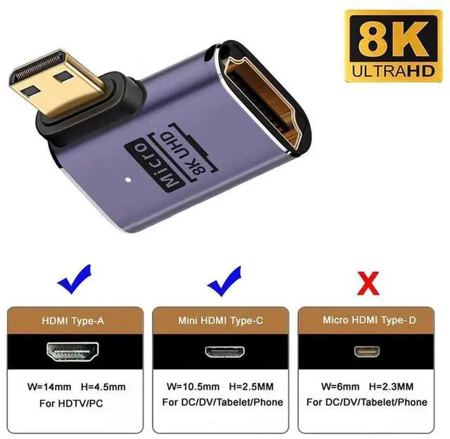 Alt view image 7 of 7 - JAENFONG 8K Right Angled Mini HDMI Male to HDMI 2.1 Female UHD Extension Gold Converter Adapter Support 8K 60hz HDTV