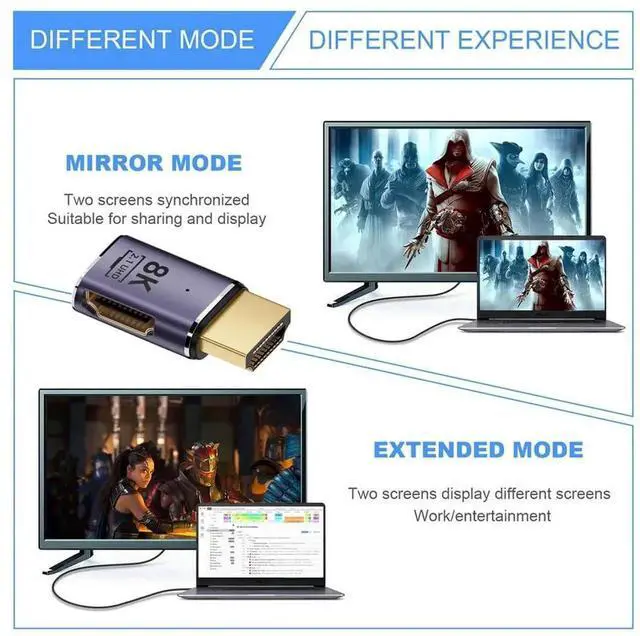 Alt view image 6 of 7 - JAENFONG HDMI 8K Male to HDMI 2.1 Female Flat Horizontal 90 Degree Right Angled UHD Extension Adapter Support 8K 60hz HDTV