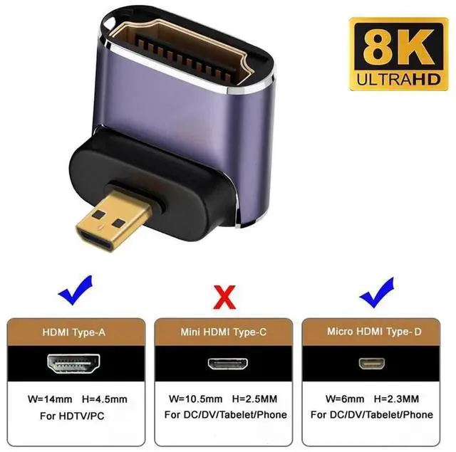 Alt view image 7 of 7 - JAENFONG 8K Up Angled Micro HDMI Male to HDMI 2.1 Female UHD Extension Gold Converter Adapter Support 8K 60hz HDTV