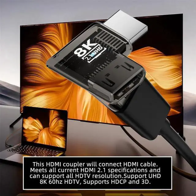 Alt view image 5 of 7 - JAENFONG 90 Degree Right Angled Horizontal HDMI Male to HDMI 2.1 Female Adapter UHD 8K 60hz HDTV Extender Transparent with Smart LED Light for Monitor