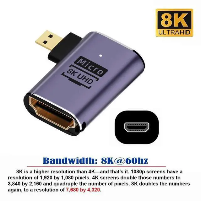 Alt view image 5 of 7 - JAENFONG 8K Left Angled Micro HDMI Male to HDMI 2.1 Female UHD Extension Gold Converter Adapter Support 8K 60hz HDTV