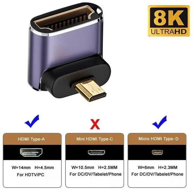 Alt view image 7 of 7 - JAENFONG 8K Down Angled Micro HDMI Male to HDMI 2.1 Female UHD Extension Gold Converter Adapter Support 8K 60hz HDTV