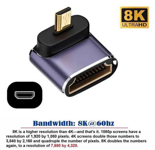 Alt view image 2 of 7 - JAENFONG 8K Down Angled Micro HDMI Male to HDMI 2.1 Female UHD Extension Gold Converter Adapter Support 8K 60hz HDTV