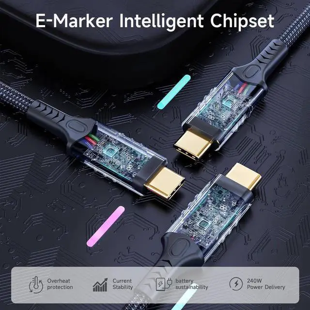 Alt view image 4 of 7 - long usb c to usb c cable 6.6ft/2M Compatible With Thunderbolt 4,usb4 cable 40gbps data,type c 240W fast charging,Single 8K/Dual 4K HD Video,usbc male to male for Monitor,Nylon Braided Thunderbolt 3.