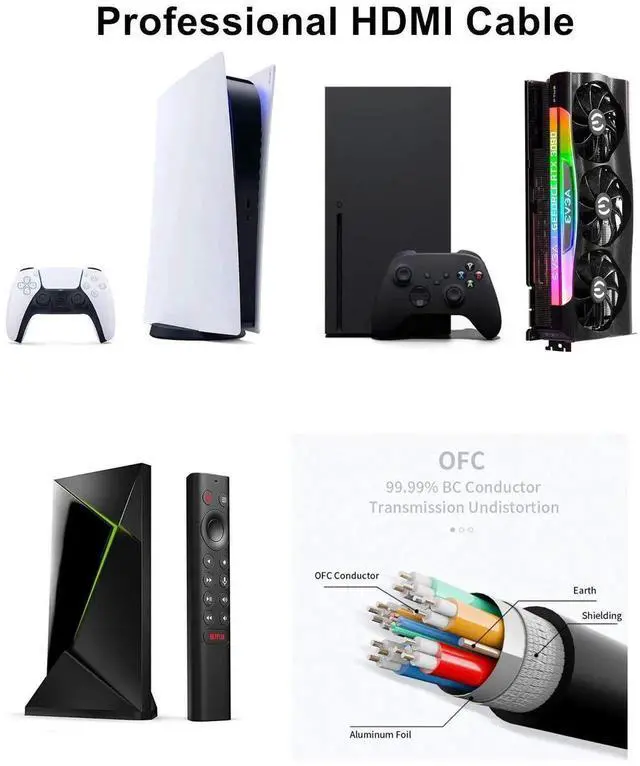 Alt view image 7 of 7 - JAENFONG 10K 8K 4K HDMI Cable 48Gbps 5 FT, Certified Ultra High Speed HDMI® Cable 4K 240Hz 144Hz 120Hz 8K60Hz 0.01ms HDR10+ eARC HDCP2.3 Netflix TV PC Monitor Projector PS5 Xbox