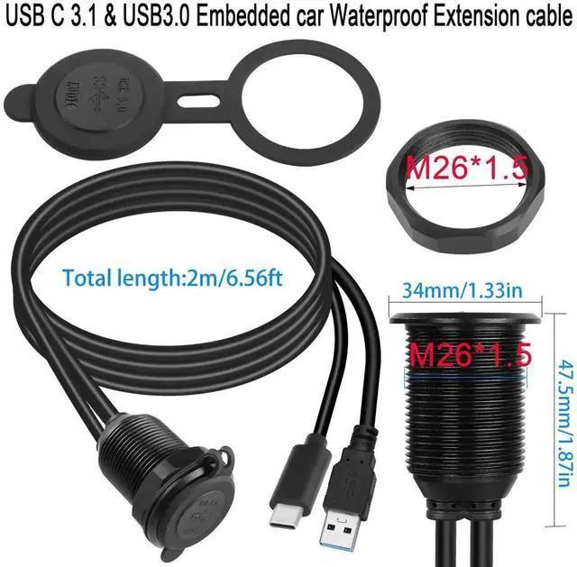 Alt view image 2 of 7 - USB C3.1 & USB3.0 Embedded Car Waterproof Cable 10Gbps USB Type C 3.1 & USB3.0 Threaded Mounting Extension Cable, PD65W,Support 4K Video,LED,Al housing,for Dashboard car Boat Moto,2M/6.5ft