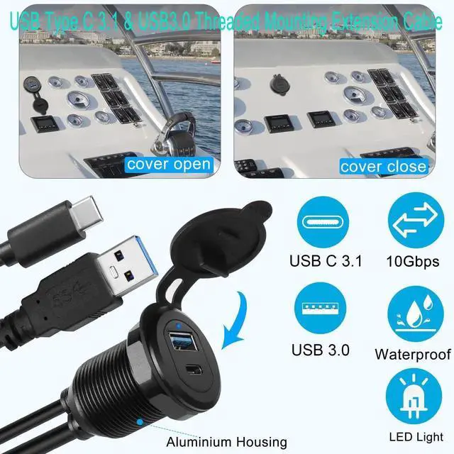 Alt view image 6 of 7 - USB C3.1 & USB3.0 Embedded Car Waterproof Cable 10Gbps USB Type C 3.1 & USB3.0 Threaded Mounting Extension Cable, PD65W,Support 4K Video,LED,Al housing,for Dashboard car Boat Moto,2M/6.5ft