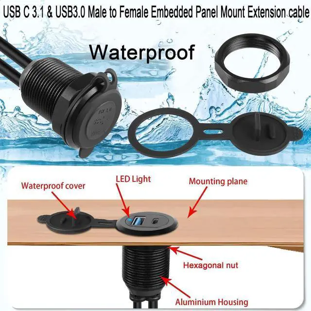 Alt view image 7 of 7 - USB C3.1 & USB3.0 Embedded Car Waterproof Cable 10Gbps USB Type C 3.1 & USB3.0 Threaded Mounting Extension Cable, PD65W,Support 4K Video,LED,Al housing,for Dashboard car Boat Moto,2M/6.5ft