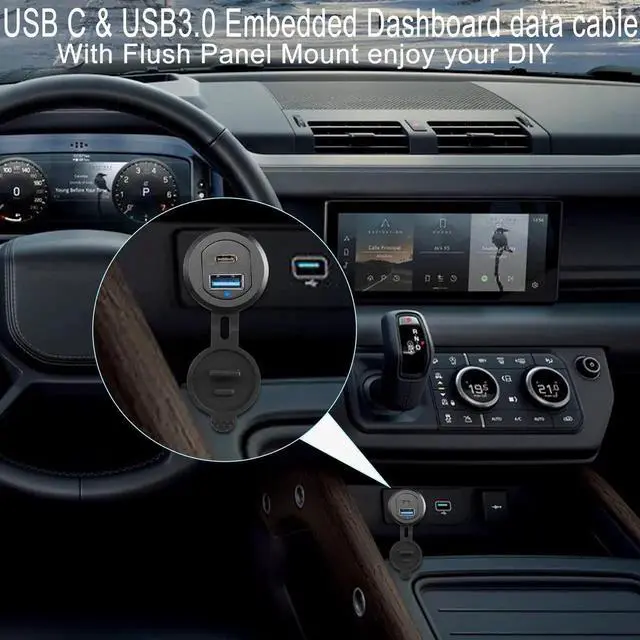 Alt view image 3 of 7 - USB C3.1 & USB3.0 Embedded Car Waterproof Cable 10Gbps USB Type C 3.1 & USB3.0 Threaded Mounting Extension Cable, PD65W,Support 4K Video,LED,Al housing,for Dashboard car Boat Moto,2M/6.5ft