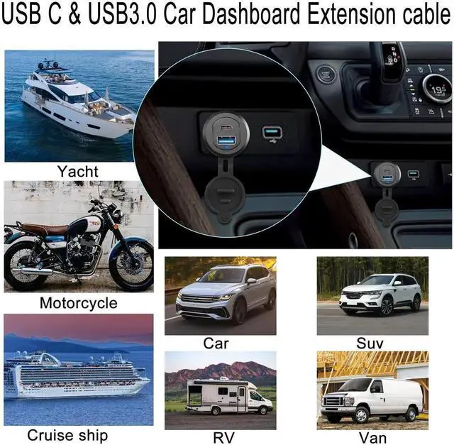 Alt view image 4 of 7 - USB C3.1 & USB3.0 Embedded Car Waterproof Cable 10Gbps USB Type C 3.1 & USB3.0 Threaded Mounting Extension Cable, PD65W,Support 4K Video,LED,Al housing,for Dashboard car Boat Moto,2M/6.5ft