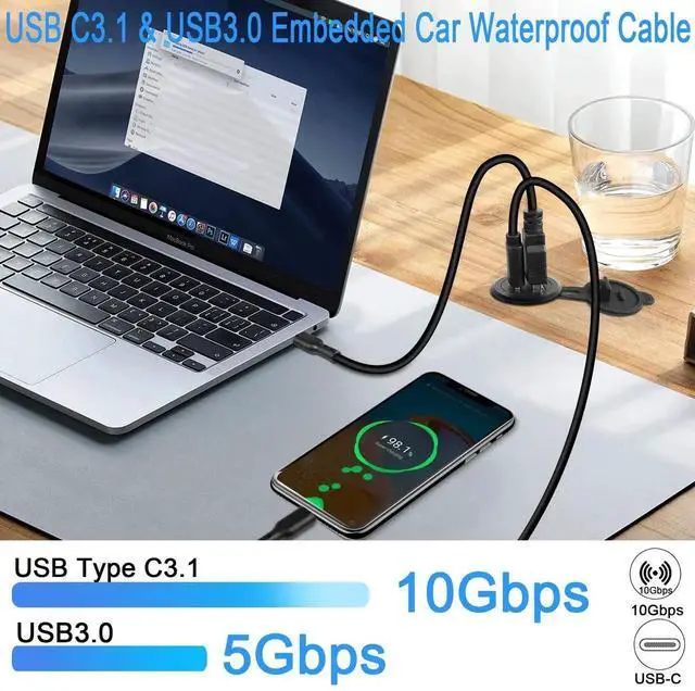 Alt view image 5 of 7 - USB C3.1 & USB3.0 Embedded Car Waterproof Cable 10Gbps USB Type C 3.1 & USB3.0 Threaded Mounting Extension Cable, PD65W,Support 4K Video,LED,Al housing,for Dashboard car Boat Moto,2M/6.5ft
