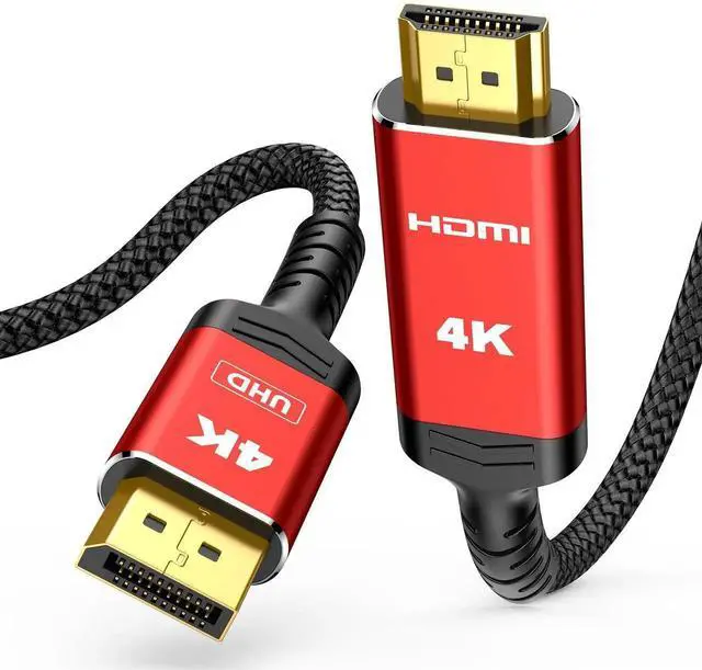 Main image of JAENFONG 4K DisplayPort to HDMI, 10ft Uni-Directional DP (Source) to HDMI (Display) 1.4 Cable, 4K@30Hz, 2K@60Hz, 1080P Full HD, Braided Cord for Dell, NVIDIA, AMD, Monitor, Projector (Red)