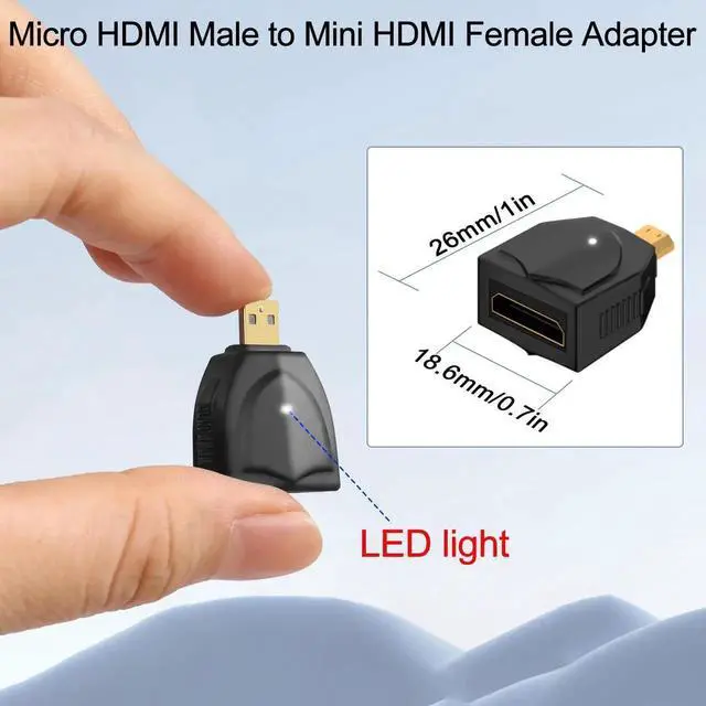 Alt view image 4 of 6 - JAENFONG 8K Micro HDMI to Mini HDMI Adapter Converter UHD2.1 Micro HDMI Male to Mini HDMI Female Gold Plated Connector, 3D 8K@60Hz/4K@120Hz, LED Light, for Digital Camera Tablet Monitor, 2Pcs