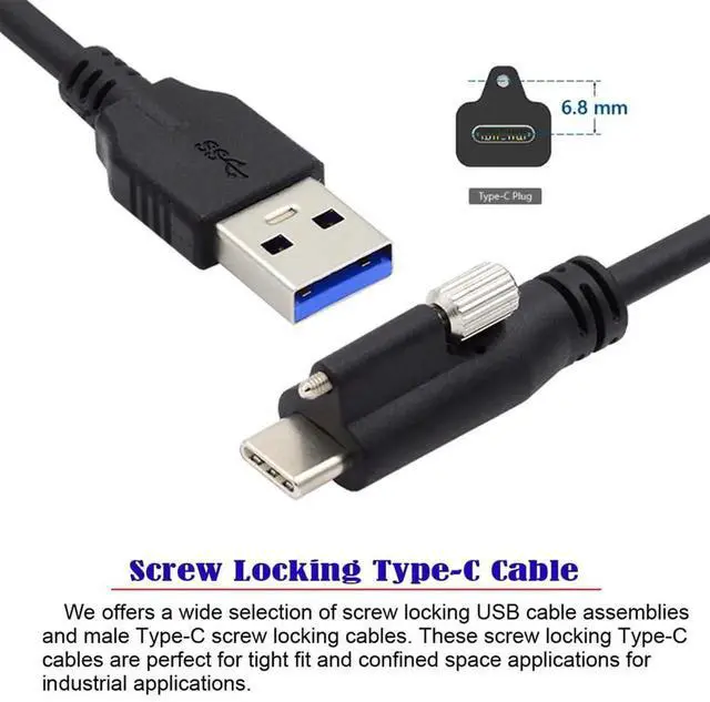 Alt view image 2 of 7 - JAENFONG Standard USB3.0 Data Cable to USB 3.1 Type-C Locking Connector with Panel Mount Screw for Camera 3.0M