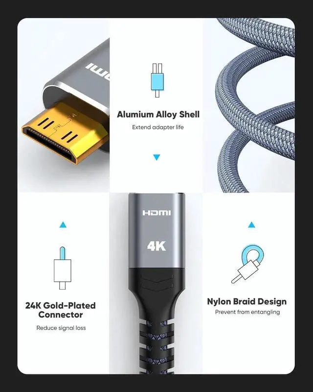 Alt view image 7 of 7 - JAENFONGMini HDMI to HDMI Adapter,Conversion Cord 4K 60Hz HDR 18Gbps HDMI Cable Compatible with Portable External Monitor, Camera, Projector, Computer, Graphics Card,Raspberry Pi Zero W, Camcorder 1FT