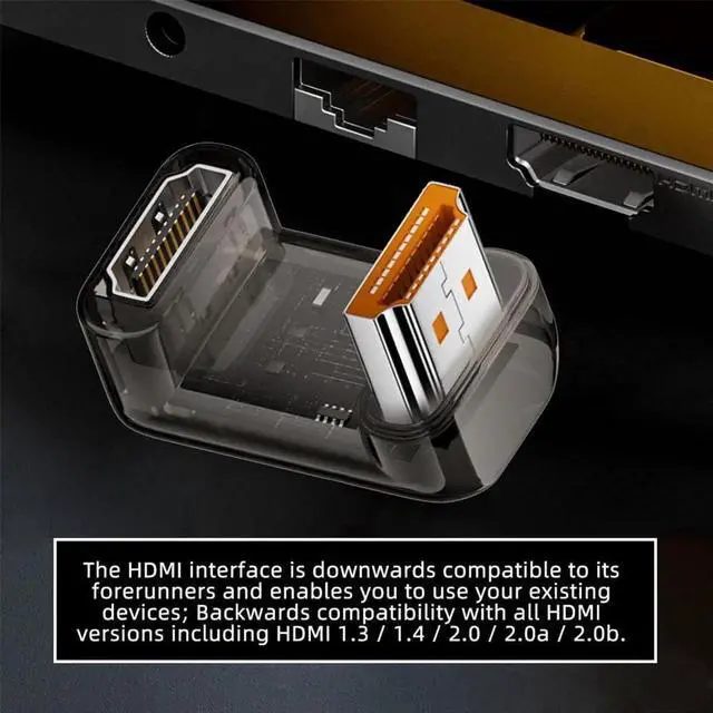 Alt view image 5 of 7 - JAENFONG 360 Degree Up Angled Opposite U Shape Back HDMI Male to HDMI 2.1 Female Adapter UHD 8K 60hz HDTV Extender Transparent with Smart LED Light for Monitor