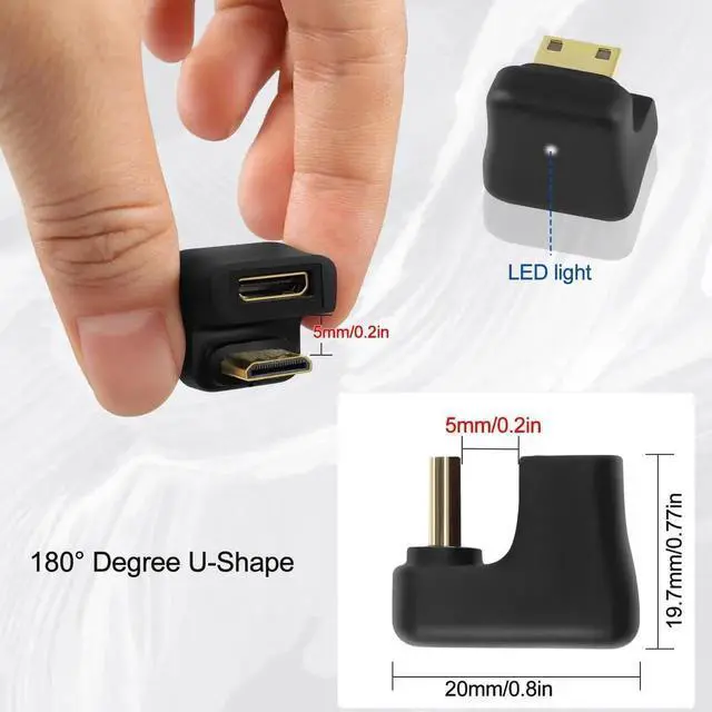 Alt view image 3 of 7 - JAENFONG 8K Mini HDMI U Shape Angle Adapter UHD2.1 Male to Female 180 Degree Down HD Display Connector, LED Light, for DSLR Portable Camcorder Tablet PC (Positive)