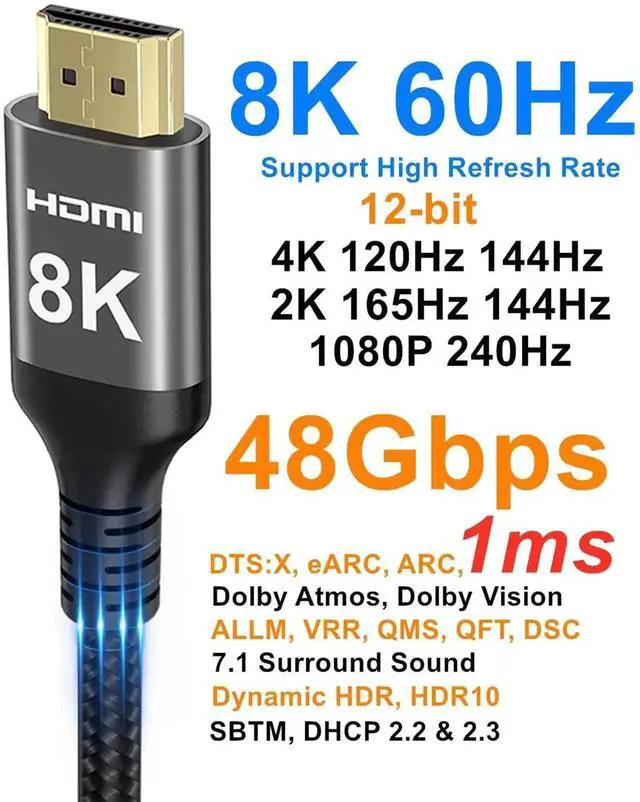 Alt view image 7 of 7 - JAENFONG 8K HDMI Cable 48Gbps 65 FT, Nylon Braided High Speed HDMI® Cable 4k 120Hz 2k 165Hz 8k 60Hz 12bit eARC ARC Dolby Atmos HDR10+ HDCP2.3 Compatible for Gaming PC TV Soundbar Monitor Mac PS5 Xbox