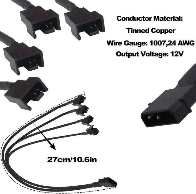 Alt view image 7 of 7 - JAENFONG Molex to PC Fan Power Splitter Cable, 4 Pin Molex to 4 x 3 Pin /4 Pin 12V PC Case Fan Connector Adapter Y Splitter Extension Power Cable Cord -27cm - 2pcs