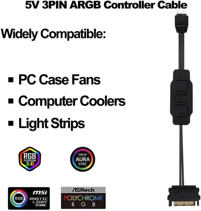 Alt view image 4 of 7 - JAENFONG 5V 3PIN ARGB Controller RGB PC Fan Lighting Controller Adapter Cable with SATA Power Supply for Computer Fans Light Strips Lighting Boards Cooler 70cm-2pcs