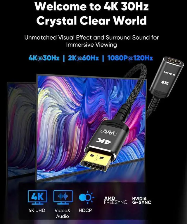 Alt view image 4 of 7 - JAENFONG 4K DisplayPort to HDMI Adapter, Uni-Directional DP to HDMI Adapter Converter Cable Male to Female, HDMI Abapter Compatible with Laptop Desktop HDTV Monitor Projector, Black, Passive 1FT