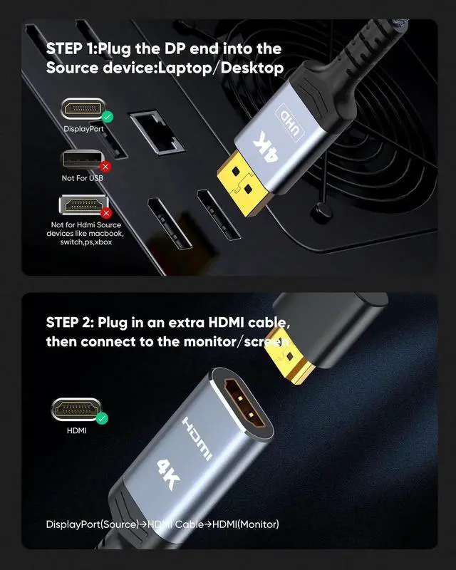 Alt view image 6 of 7 - JAENFONG4K Display Port to HDMI Adapter, Uni-Directional DP 1.2 Computer to HDMI 2.0 Screen, Display Port to HDMI Adapter (Male to Female), SR Anti-Break, No Latch, for Dell HP AMD NVIDIA, Passive 1FT