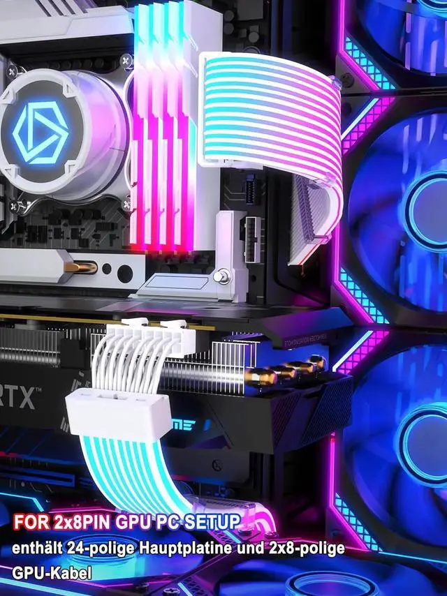 Alt view image 2 of 7 - JAENFONG RGB PSU Cable Extension with ARGB LED Stripes and PVC Sleeved Extend Cable - 16AWG 24 Pin ATX Dual 8 Pin PCIE Set