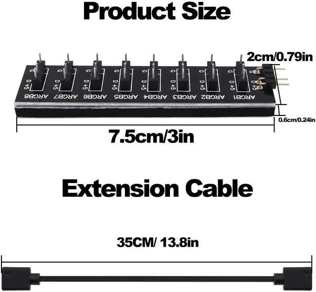 Alt view image 4 of 7 - JAENFONG 5V 3PIN ARGB Splitter Hub 1 to 8 Way RGB Fans Hub Controller with Extension Cord for Expansion Motherboard ARGB Interface Sync Fans Lights-2Pcs-35CM