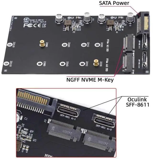 Alt view image 3 of 7 - JAENFONG Dual Oculink SFF-8612 SFF-8611 to NVME M.2 NGFF M-Key PCIe SSD 2280 22110mm Adapter    Extension Card for Mainboard