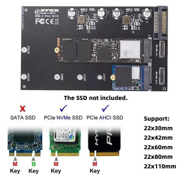 Alt view image 2 of 7 - JAENFONG Dual Oculink SFF-8612 SFF-8611 to NVME M.2 NGFF M-Key PCIe SSD 2280 22110mm Adapter    Extension Card for Mainboard