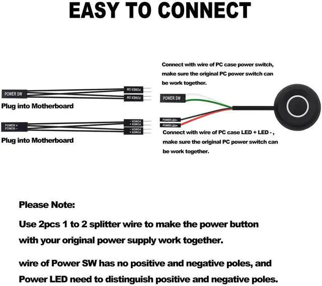 Alt view image 2 of 7 - JAENFONG PC Power Button Switch Desktop Computer Power Switch External Computer Motherboard Remote Start Button Extension Cord with LED Light -1.8M /5.9FT Black