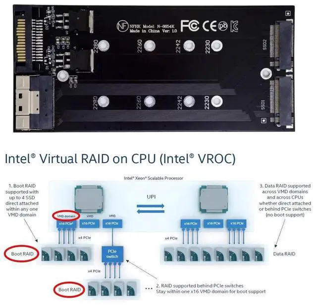 Alt view image 4 of 7 - JAENFONG Dual 2X NVME M.2 AHCI to Slimline PCIE Express 3.0 4.0 SFF-8654 8X Raid Card VROC Raid0 Hyper Adapter