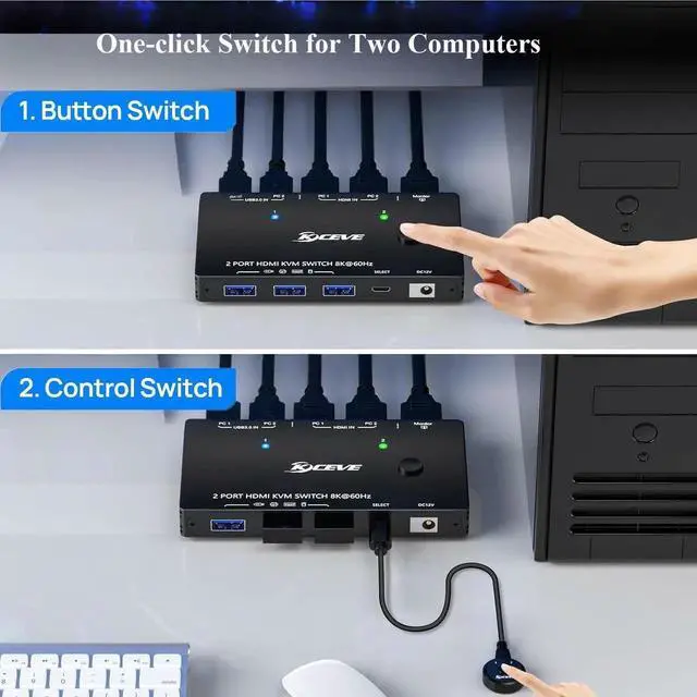 Alt view image 6 of 7 - JAENFONG 8K KVM Switch 1 Monitor 2 Computers 8K@60Hz 4K@120Hz, HDMI KVM Switch with 3 USB 3.0 Ports for 2 Computers Share 1 Monitor Keyboard Mouse Printer, with 2 USB Cables and Controller