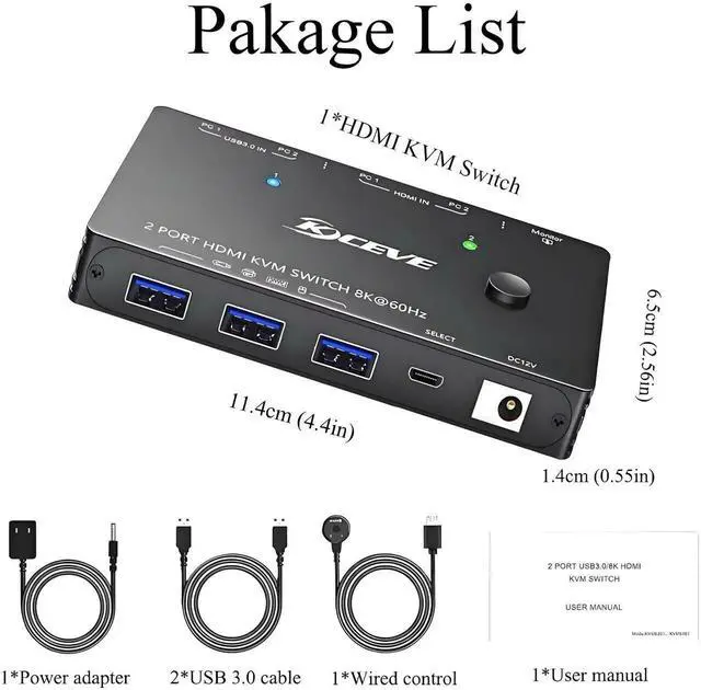 Alt view image 5 of 7 - JAENFONG 8K KVM Switch 1 Monitor 2 Computers 8K@60Hz 4K@120Hz, HDMI KVM Switch with 3 USB 3.0 Ports for 2 Computers Share 1 Monitor Keyboard Mouse Printer, with 2 USB Cables and Controller