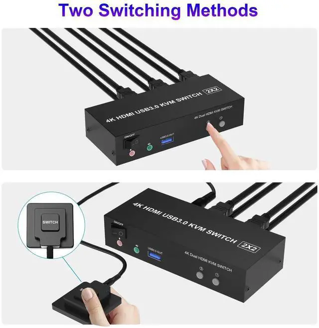 Alt view image 5 of 7 - JAENFONG USB 3.0 Dual Monitor KVM Switch HDMI 2 Port, 4K@60Hz Extended Display KVM Switch 2 Monitors 2 Computers with Audio Microphone Output and 3 USB 3.0 Ports, PC Monitor Keyboard Mouse Switcher
