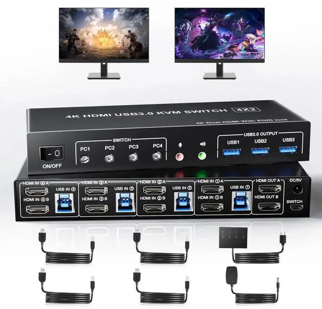 Main image of JAENFONG USB 3.0 HDMI Dual Monitors 4 Computers KVM Switch, Supports EDID, 4K@60Hz HDMI Dual Monitor Switch for 4 PCs with 3 USB3.0 and Audio Microphone Ports, 4 Port hdmI KVM Switch for 4PC