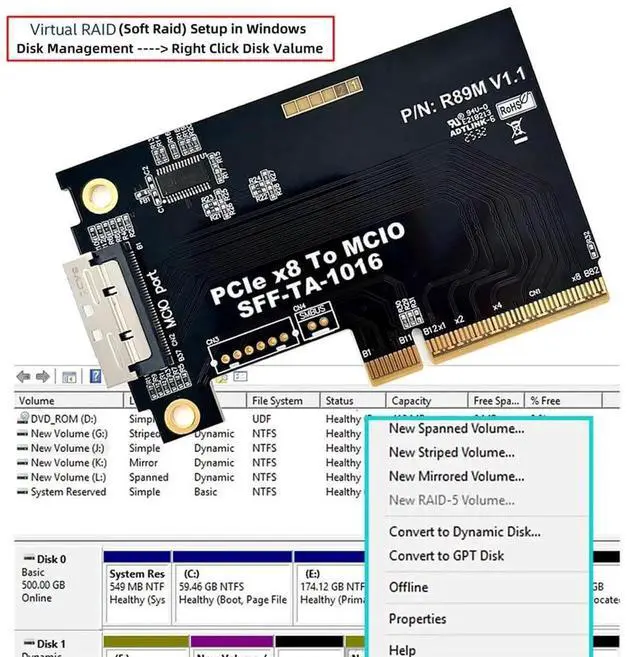 Alt view image 2 of 7 - JAENFONG MCIO 8i External Mini Cool Edge IO SFF-TA-1016 to PCI-Express 8X PCIE5.0 VROC Adapter for Mainboard SSD Graphics Card