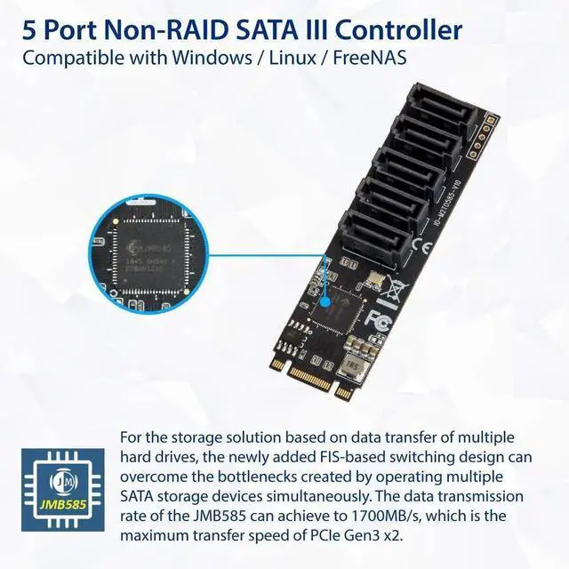 Alt view image 3 of 5 - JAENFONG Internal 5 Port Non-RAID SATA III 6GB/s M.2 B+M Key Adapter Card for Desktop PC Support SSD and HDD. JMB585 Chipset