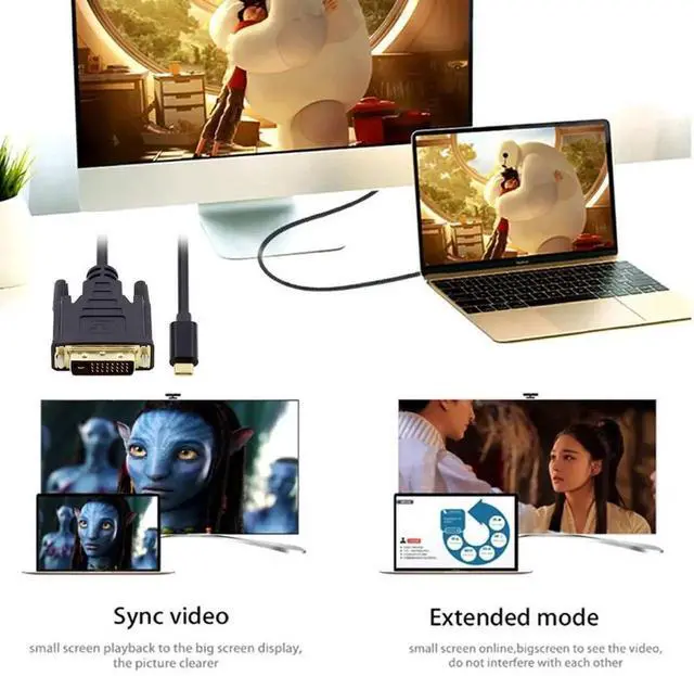 Alt view image 3 of 7 - JAENFONG 1080P USB-C Type C to DVI USB 3.1 Display Monitor Cable for Laptop 1.8m