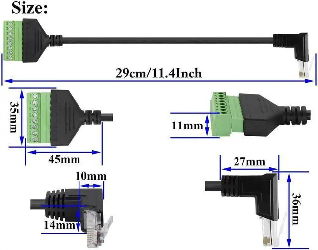 Alt view image 3 of 7 - JAENFONG RJ45 Screw Terminal Adapter Cable,90 Degree (Up Bend) RJ45 Male to 8-Pin Screw Block Terminal Connector Extender for Cat5/6/7 Ethernet Extender AV CCTV DVR Network Adapter.(2Pack/30cm-UP)