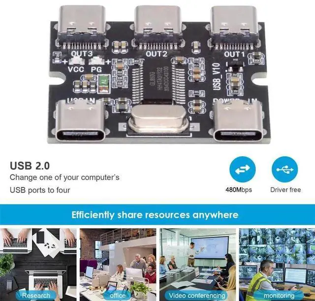 Alt view image 5 of 7 - JAENFONG USB-C 2.0 1-to-3 Three Ports HUB Splitter PCBA Expansion Module Board PCs Multiport 3 Devices Type-C for Keyboard Mouse Scanner Printer