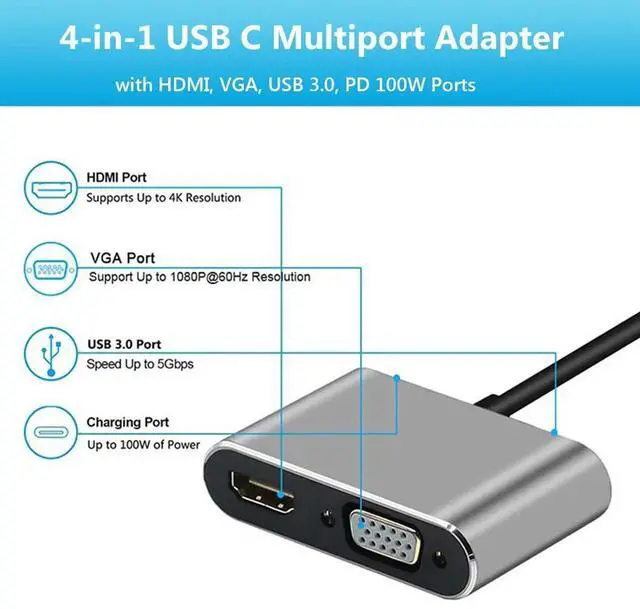 Alt view image 5 of 6 - JAENFONG USB C to HDMI VGA Adapter, 4 in 1 USB C Multiport Hub Converter Thunderbolt 3 to HDMI 4K, VGA 1080P, USB 3.0, 100W PD Port for MacBook Pro/Air iPhone 16 15 Pro Max XPS PC, etc