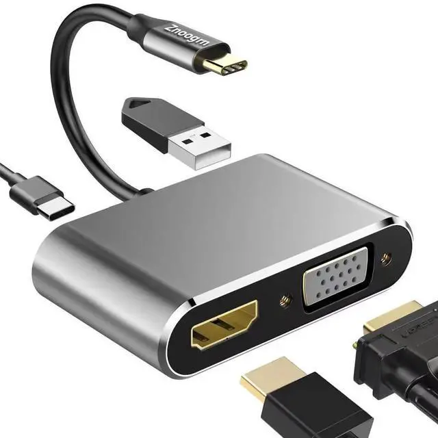 Main image of JAENFONG USB C to HDMI VGA Adapter, 4 in 1 USB C Multiport Hub Converter Thunderbolt 3 to HDMI 4K, VGA 1080P, USB 3.0, 100W PD Port for MacBook Pro/Air iPhone 16 15 Pro Max XPS PC, etc
