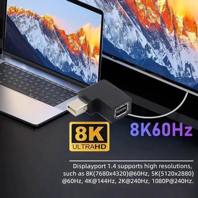 Alt view image 7 of 7 - JAENFONG 8K 60hz Angled Mini DisplayPort 1.4 Male to DP Female Adapter Ultra-HD UHD 144hz 7680 * 4320 for Video PC Laptop Monitor