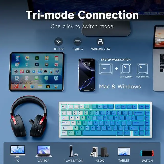Alt view image 4 of 5 - MCHOSE G75 PRO 75% Wireless Mechanical Keyboard, TKL Keyboards Tri-Mode BT5.0/2.4GHz/USB-C, Hot Swap Custom Creamy Keyboards Linear Switch, Double Shot PBT Keycaps RGB LED Backlit, White&Blue