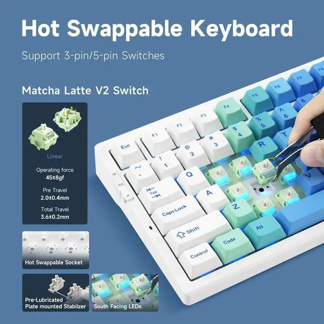 Alt view image 5 of 5 - MCHOSE G75 PRO 75% Wireless Mechanical Keyboard, TKL Keyboards Tri-Mode BT5.0/2.4GHz/USB-C, Hot Swap Custom Creamy Keyboards Linear Switch, Double Shot PBT Keycaps RGB LED Backlit, White&Blue