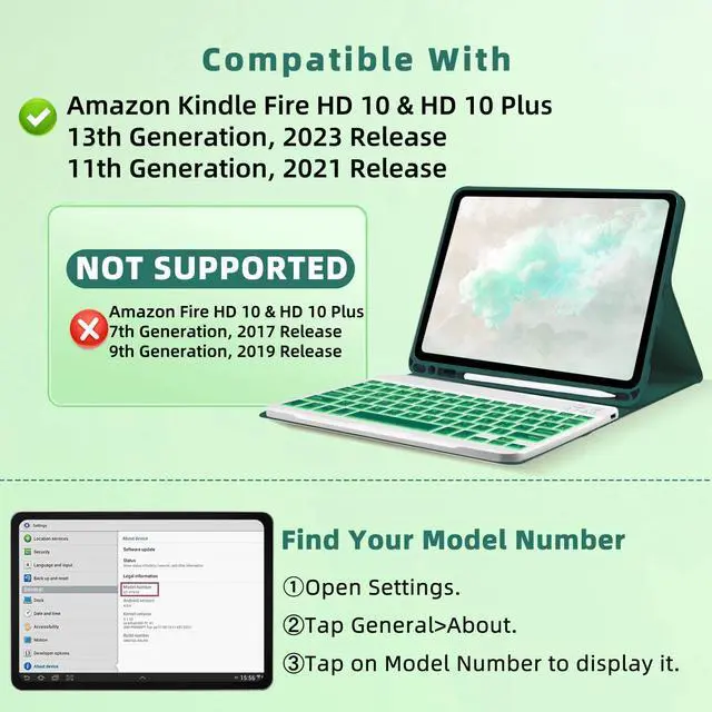 Alt view image 2 of 5 - Bxomteng Keyboard Case for Amazon Kindle Fire HD 10/10 Plus 2021/2023(11/13th Generation) - 7 Colors Backlit Keyboard Cover and Mouse (Dark Green)