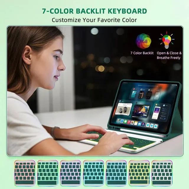 Alt view image 5 of 5 - Bxomteng Keyboard Case for Amazon Kindle Fire HD 10/10 Plus 2021/2023(11/13th Generation) - 7 Colors Backlit Keyboard Cover and Mouse (Dark Green)