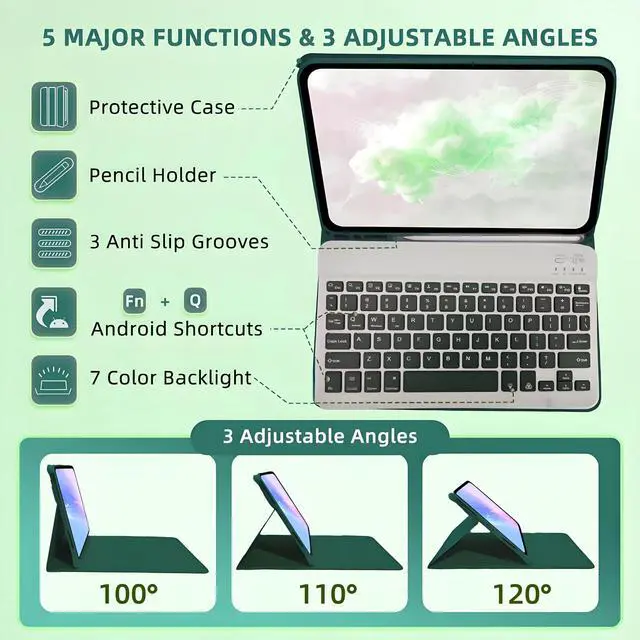 Alt view image 3 of 5 - Bxomteng Keyboard Case for Amazon Kindle Fire HD 10/10 Plus 2021/2023(11/13th Generation) - 7 Colors Backlit Keyboard Cover and Mouse (Dark Green)